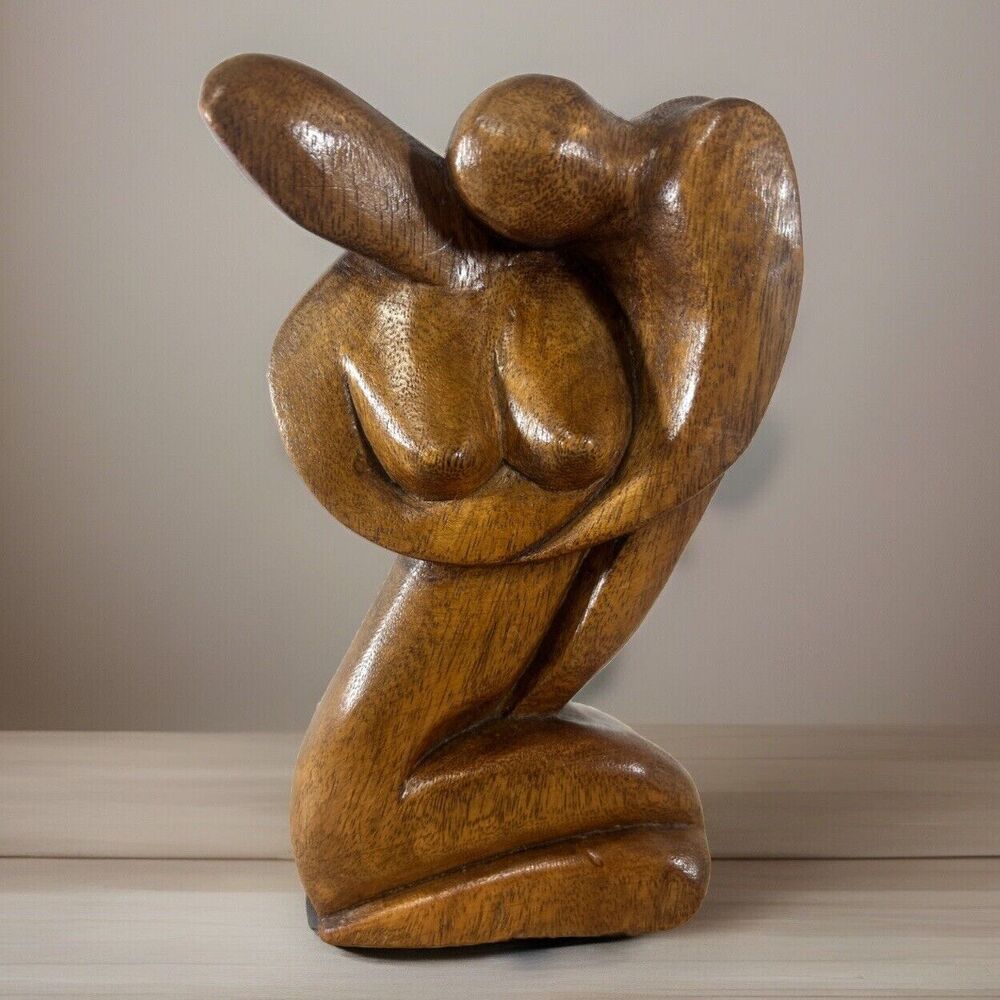 Carved Wood Intimate Embrace Couple Vintage Abstract Statue Love Valentines Gift